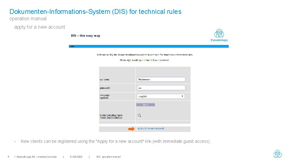 Dokumenten-Informations-System (DIS) for technical rules operation manual apply for a new account - 6