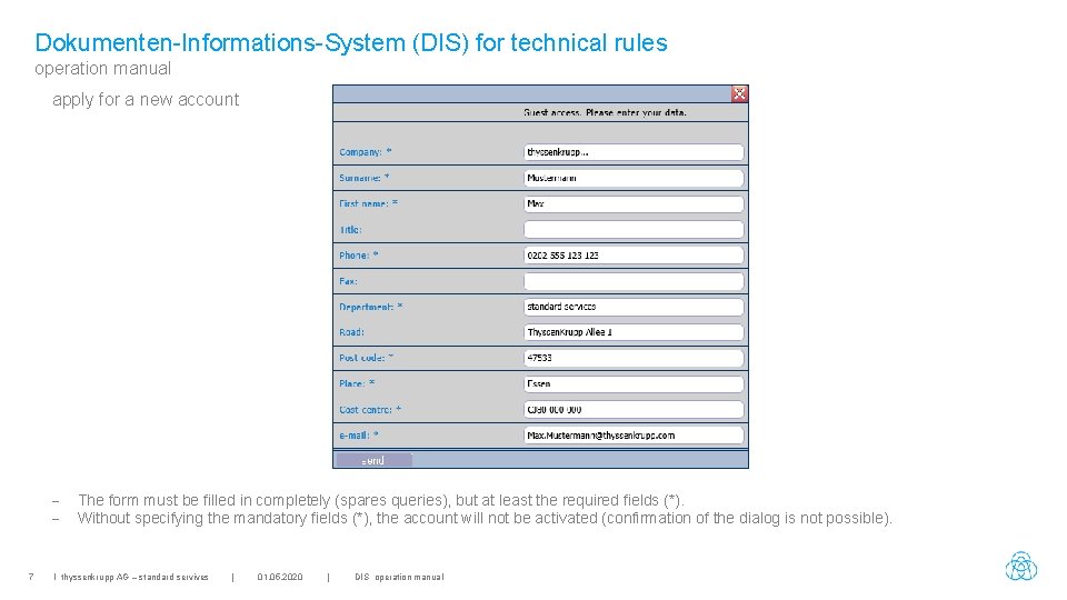 Dokumenten-Informations-System (DIS) for technical rules operation manual apply for a new account - 7