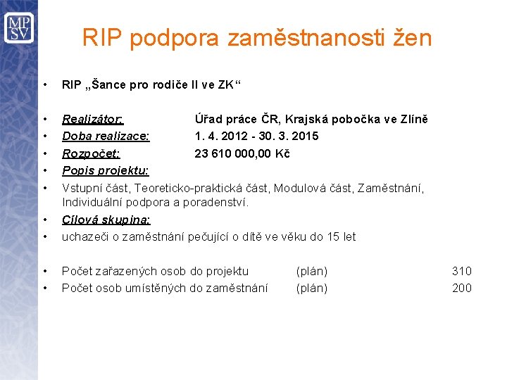 RIP podpora zaměstnanosti žen • RIP „Šance pro rodiče II ve ZK“ • •