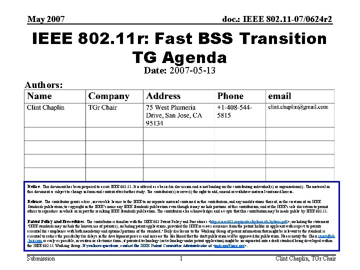 May 2007 doc. : IEEE 802. 11 -07/0624 r 2 IEEE 802. 11 r: