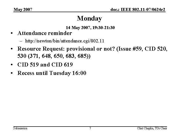 May 2007 doc. : IEEE 802. 11 -07/0624 r 2 Monday 14 May 2007,
