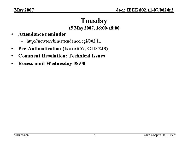 May 2007 doc. : IEEE 802. 11 -07/0624 r 2 Tuesday 15 May 2007,