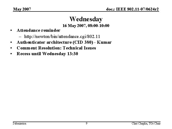 May 2007 doc. : IEEE 802. 11 -07/0624 r 2 Wednesday 16 May 2007,