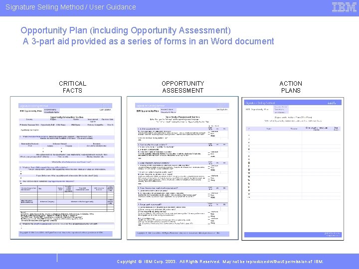 Signature Selling Method / User Guidance Opportunity Plan (including Opportunity Assessment) A 3 -part