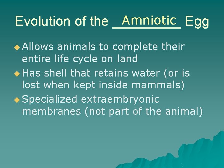 Amniotic Egg Evolution of the _____ u Allows animals to complete their entire life