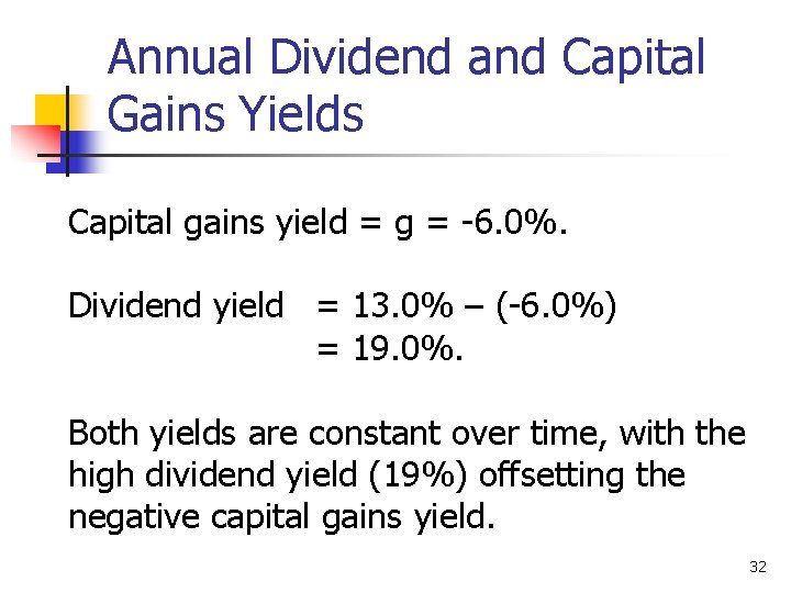 Annual Dividend and Capital Gains Yields Capital gains yield = g = -6. 0%.