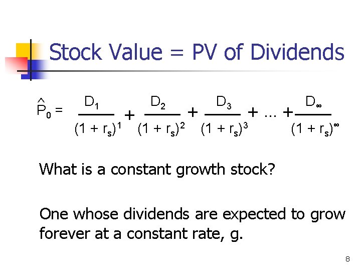 Stock Value = PV of Dividends ^ P 0 = D 1 (1 +