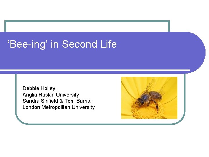 ‘Bee-ing’ in Second Life Debbie Holley, Anglia Ruskin University Sandra Sinfield & Tom Burns,