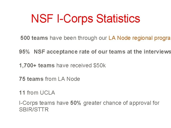 NSF I-Corps Statistics 500 teams have been through our LA Node regional program 95%