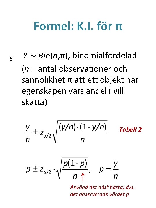 Formel: K. I. för π 5. Y ~ Bin(n, π), binomialfördelad (n = antal