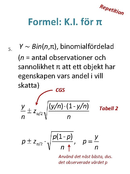 Repe Formel: K. I. för π 5. titio Y ~ Bin(n, π), binomialfördelad (n