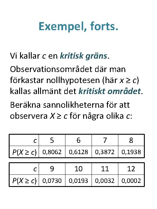 Exempel, forts. Vi kallar c en kritisk gräns. Observationsområdet där man förkastar nollhypotesen (här