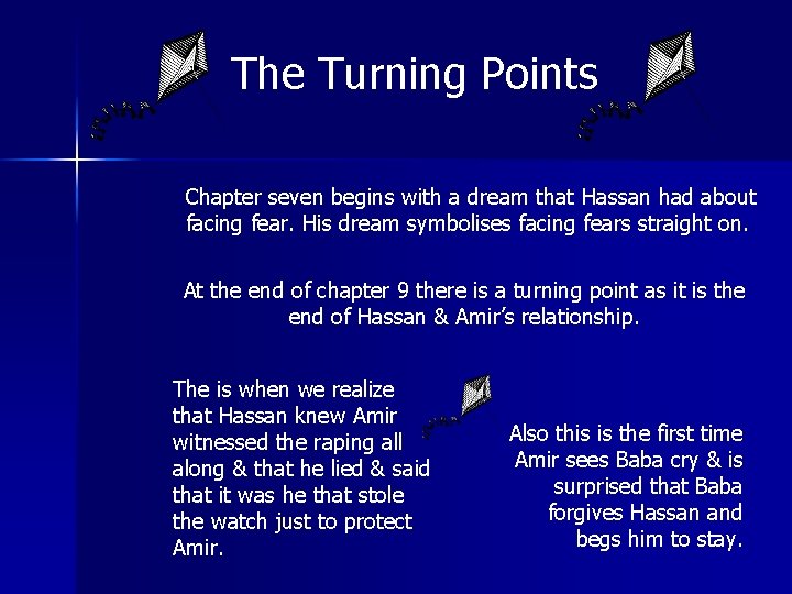 The Turning Points Chapter seven begins with a dream that Hassan had about facing