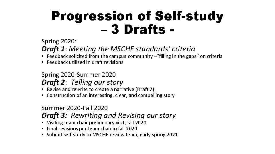 Progression of Self-study – 3 Drafts - Spring 2020: Draft 1: Meeting the MSCHE