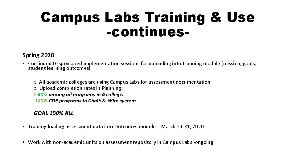 Campus Labs Training & Use -continues. Spring 2020 • Continued IE-sponsored implementation sessions for