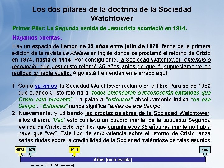 Los dos pilares de la doctrina de la Sociedad Watchtower Primer Pilar: La Segunda Los dos pilares de la doctrina de la Sociedad Watchtower Primer Pilar: La Segunda