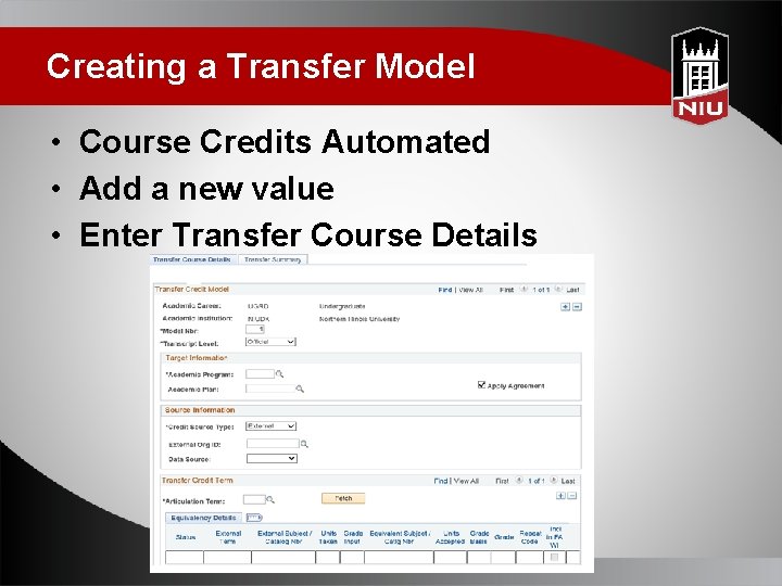 Creating a Transfer Model • Course Credits Automated • Add a new value •