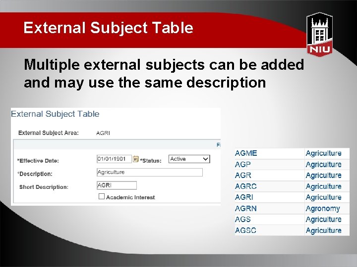External Subject Table Multiple external subjects can be added and may use the same