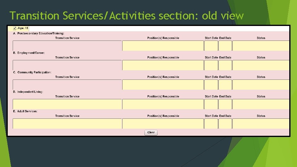 Transition Services/Activities section: old view 