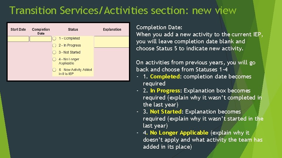 Transition Services/Activities section: new view Completion Date: When you add a new activity to