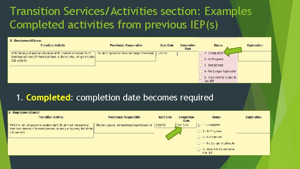 Transition Services/Activities section: Examples Completed activities from previous IEP(s) 1. Completed: completion date becomes