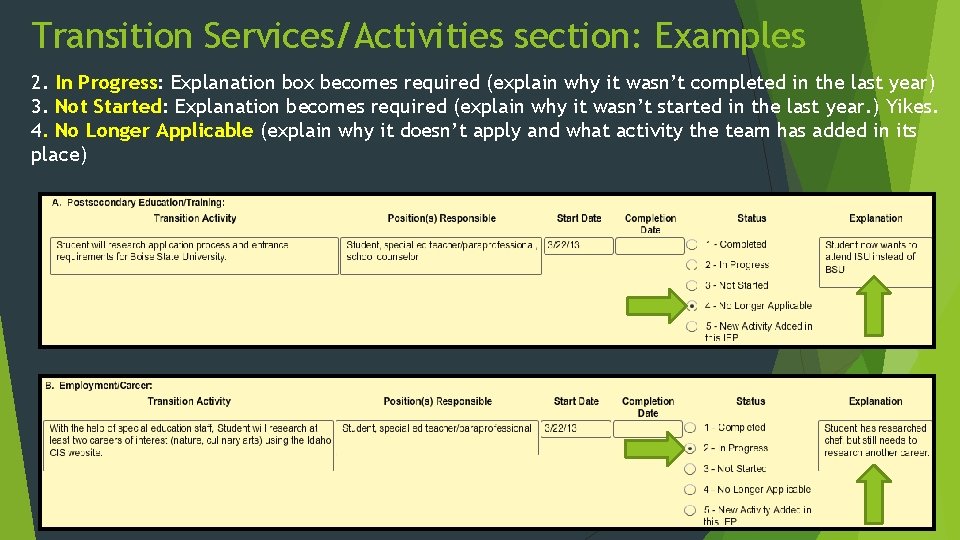 Transition Services/Activities section: Examples 2. In Progress: Explanation box becomes required (explain why it