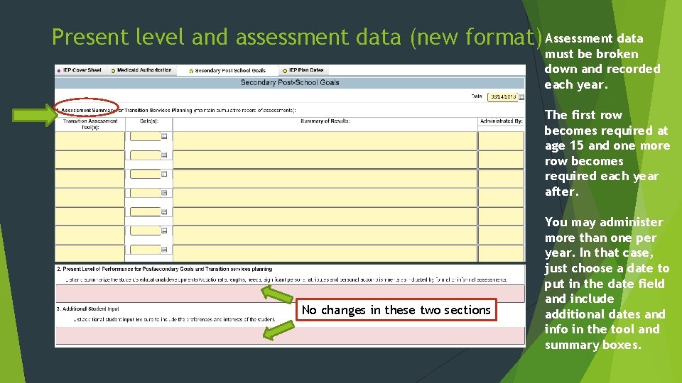 Present level and assessment data (new format) Assessment data must be broken down and