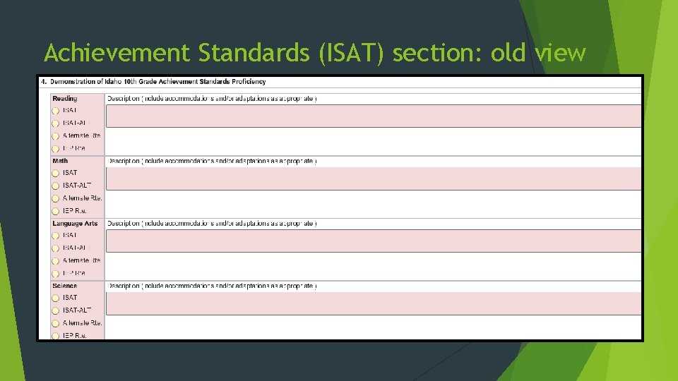 Achievement Standards (ISAT) section: old view 