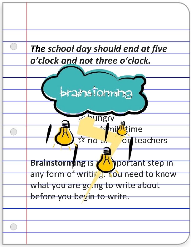 The school day should end at five o’clock and not three o’clock. Points against