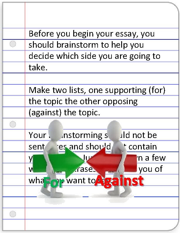 Before you begin your essay, you should brainstorm to help you decide which side