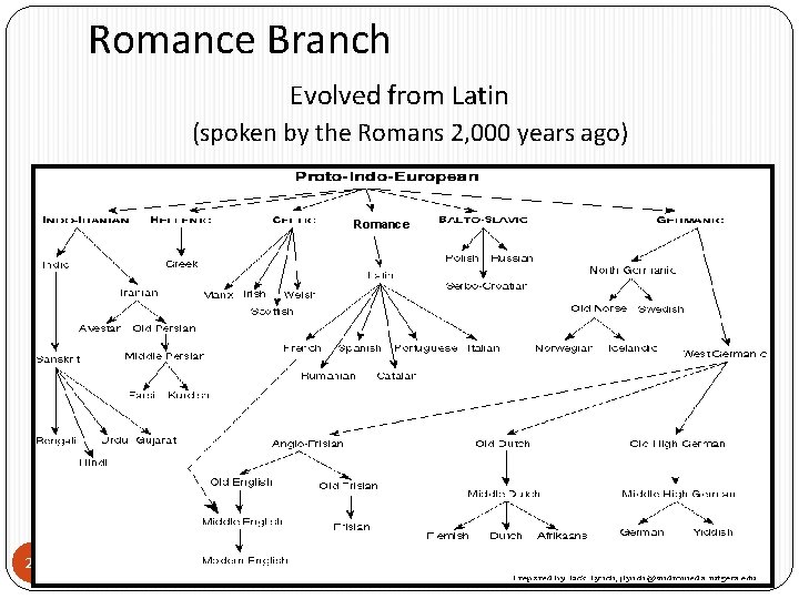 Romance Branch Evolved from Latin (spoken by the Romans 2, 000 years ago) Romance