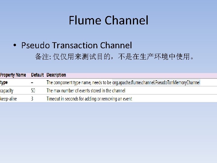 Flume Channel • Pseudo Transaction Channel 备注: 仅仅用来测试目的，不是在生产环境中使用。 