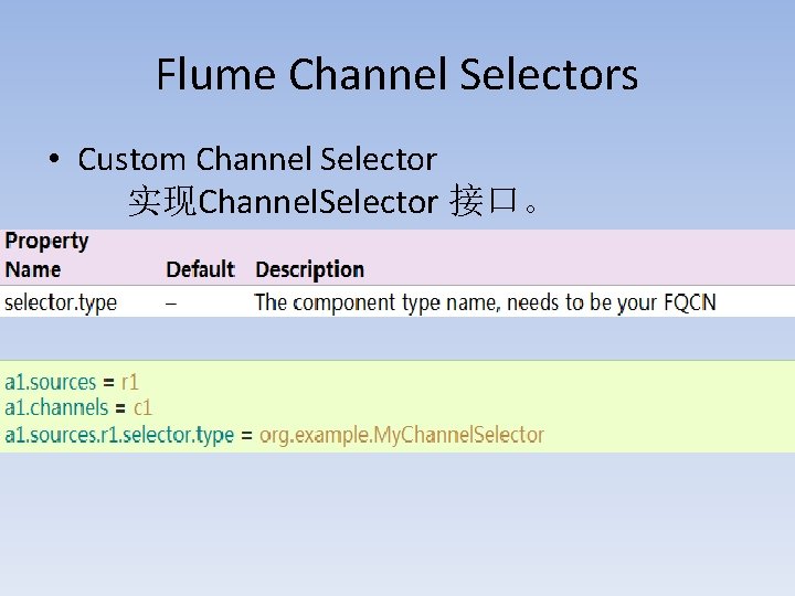 Flume Channel Selectors • Custom Channel Selector 实现Channel. Selector 接口。 