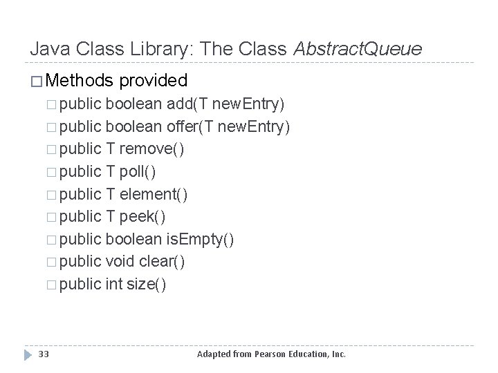 Java Class Library: The Class Abstract. Queue � Methods provided � public boolean add(T