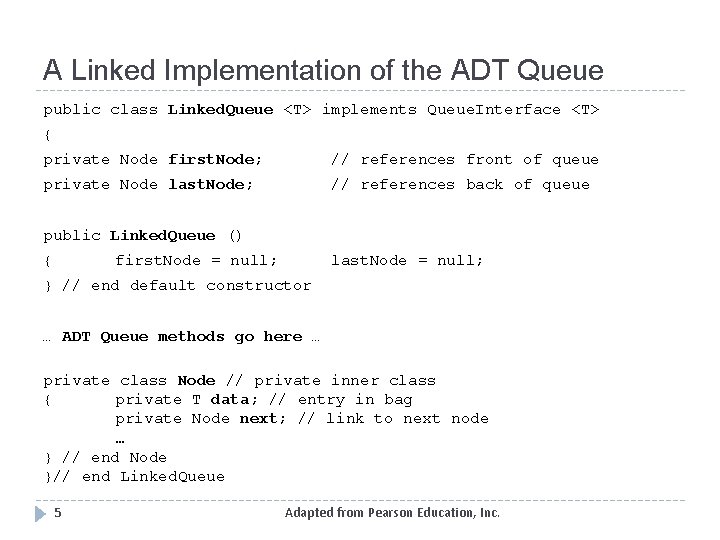 A Linked Implementation of the ADT Queue public class Linked. Queue <T> implements Queue.