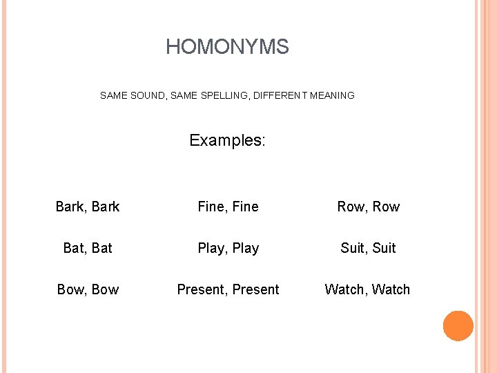 HOMONYMS SAME SOUND, SAME SPELLING, DIFFERENT MEANING Examples: Bark, Bark Fine, Fine Row, Row