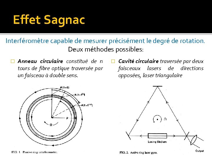 Effet Sagnac Interféromètre capable de mesurer précisément le degré de rotation. Deux méthodes possibles: Effet Sagnac Interféromètre capable de mesurer précisément le degré de rotation. Deux méthodes possibles: