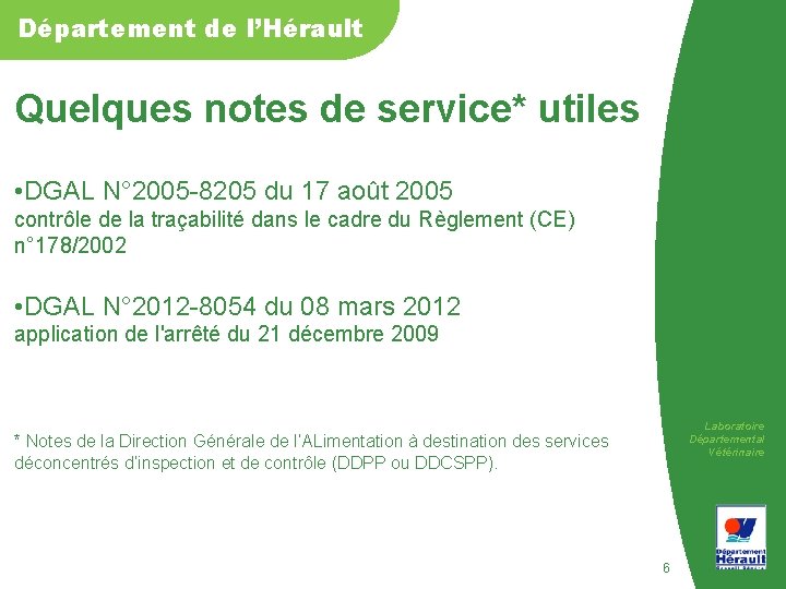 Département de l’Hérault Quelques notes de service* utiles • DGAL N° 2005 -8205 du