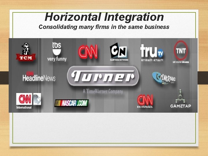 Horizontal Integration Consolidating many firms in the same business 