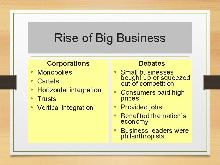 Rise of Big Business • • • Corporations Monopolies Cartels Horizontal integration Trusts Vertical