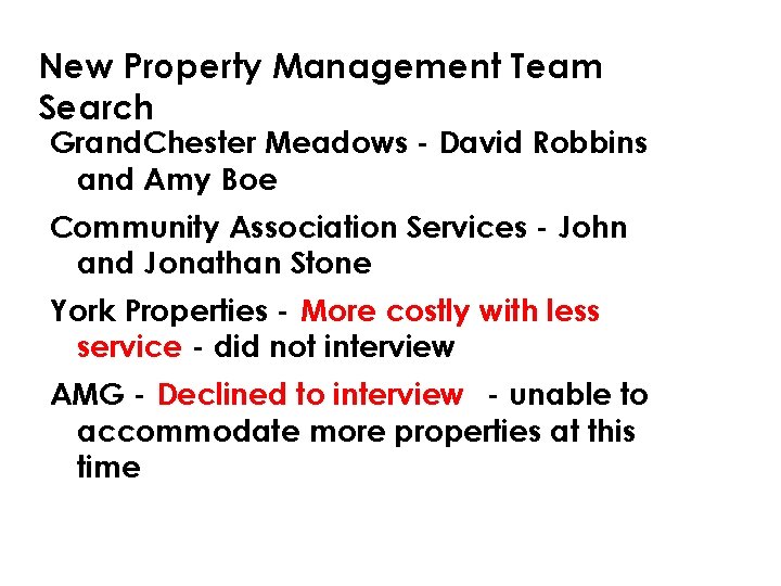 New Property Management Team Search Grand. Chester Meadows - David Robbins and Amy Boe