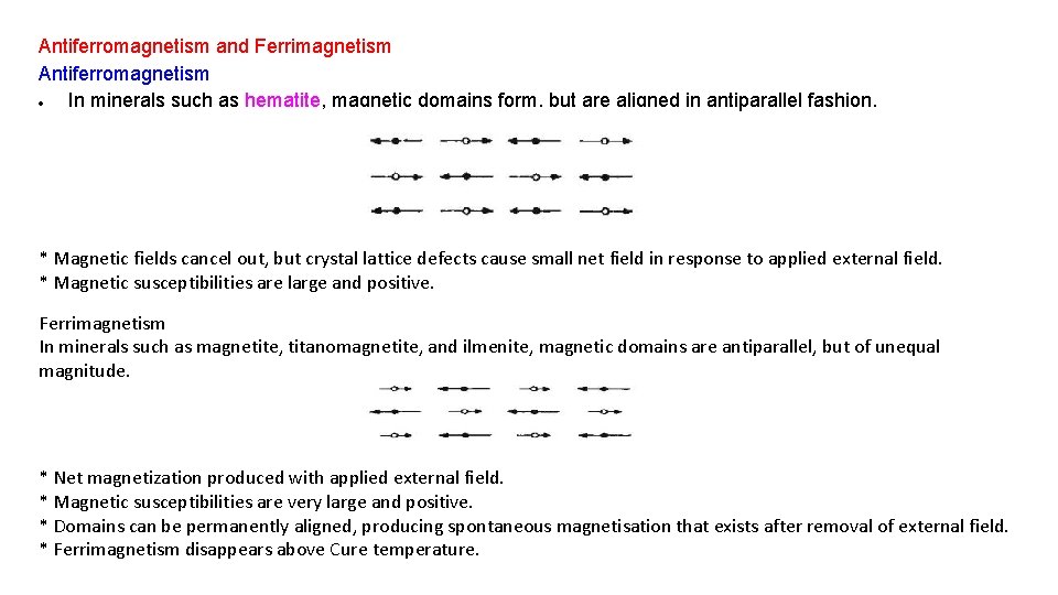 Antiferromagnetism and Ferrimagnetism Antiferromagnetism In minerals such as hematite, magnetic domains form, but are