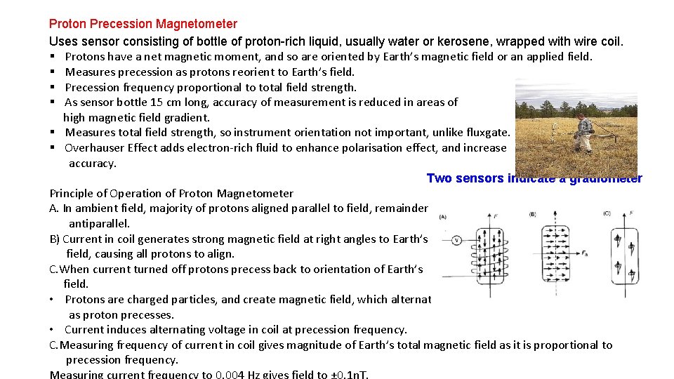 Proton Precession Magnetometer Uses sensor consisting of bottle of proton-rich liquid, usually water or