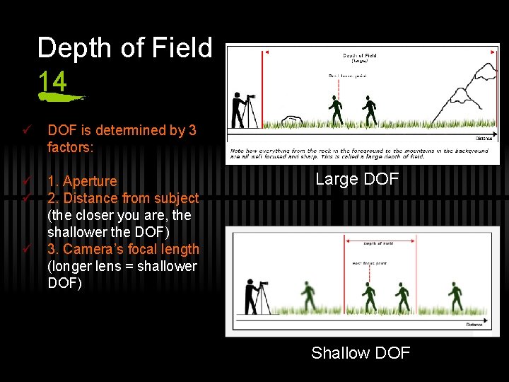 Depth of Field 14 ü DOF is determined by 3 factors: ü 1. Aperture