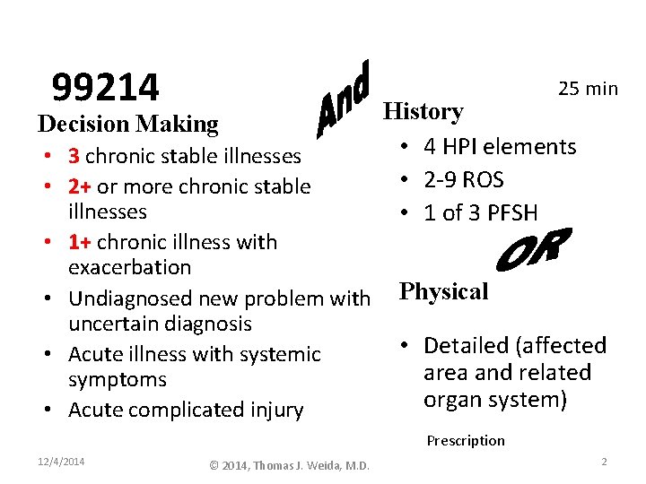 99214 25 min Decision Making • 3 chronic stable illnesses • 2+ or more 99214 25 min Decision Making • 3 chronic stable illnesses • 2+ or more