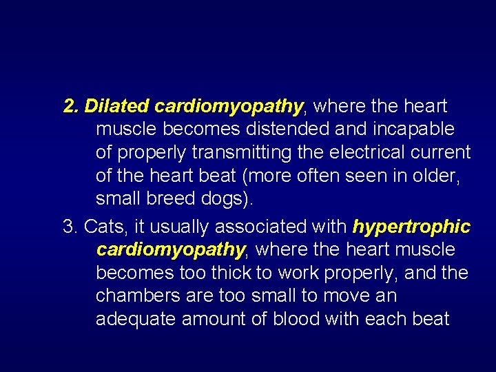 2. Dilated cardiomyopathy, where the heart muscle becomes distended and incapable of properly transmitting