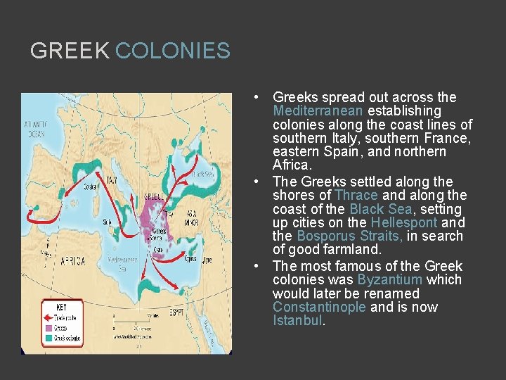 GREEK COLONIES • Greeks spread out across the Mediterranean establishing colonies along the coast