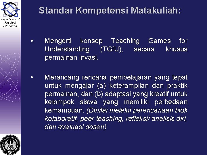 Standar Kompetensi Matakuliah: Department of Physical Education • Mengerti konsep Teaching Games for Understanding