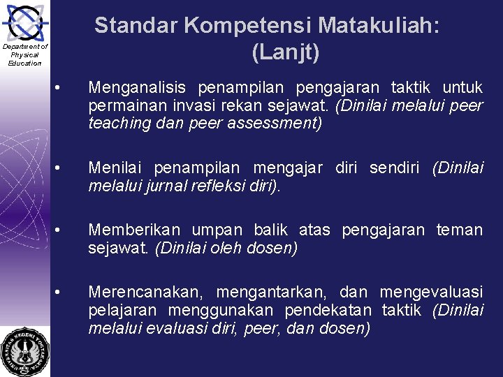 Standar Kompetensi Matakuliah: (Lanjt) Department of Physical Education • Menganalisis penampilan pengajaran taktik untuk