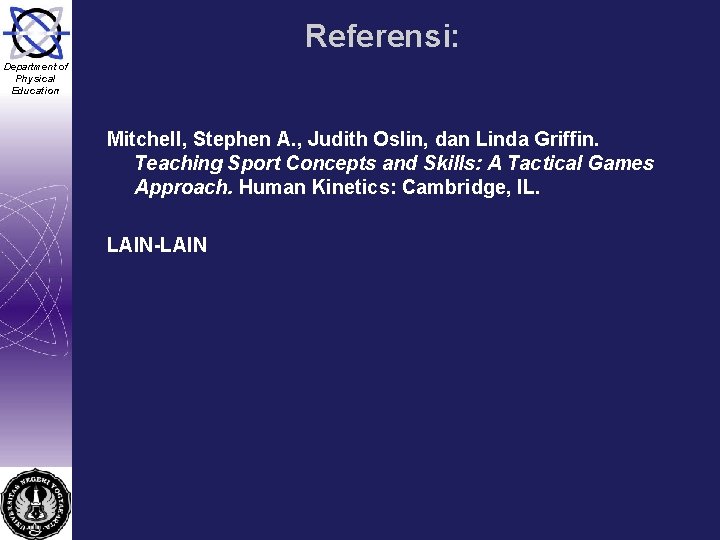 Referensi: Department of Physical Education Mitchell, Stephen A. , Judith Oslin, dan Linda Griffin.